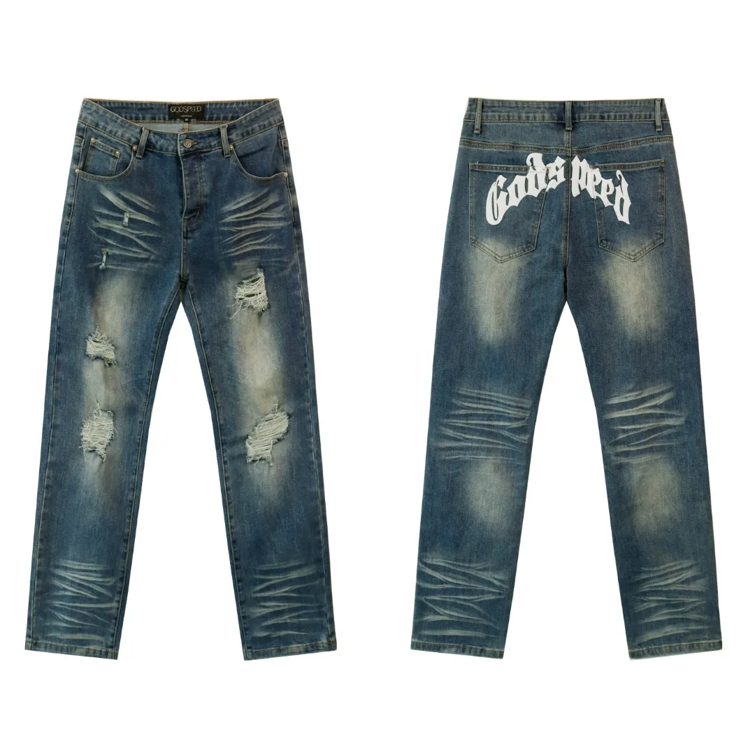 200💰Model No.: 8211 Fabric: Denim Real-stock Godspeed denim trousers, loose trendy brand stretch denim Color: Smoke Gray Black Blue Size 28 (S) 30 (M) 32 (L) 34 (XL) 36 (XXL) 38 (XXXL)