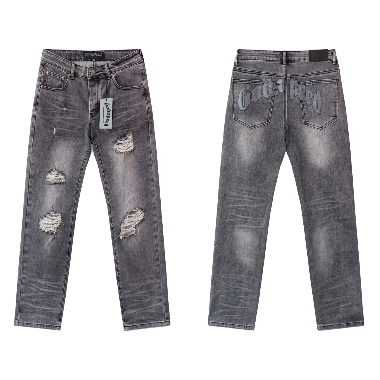 200💰Model No.: 8211 Fabric: Denim Real-stock Godspeed denim trousers, loose trendy brand stretch denim Color: Smoke Gray Black Blue Size 28 (S) 30 (M) 32 (L) 34 (XL) 36 (XXL) 38 (XXXL)