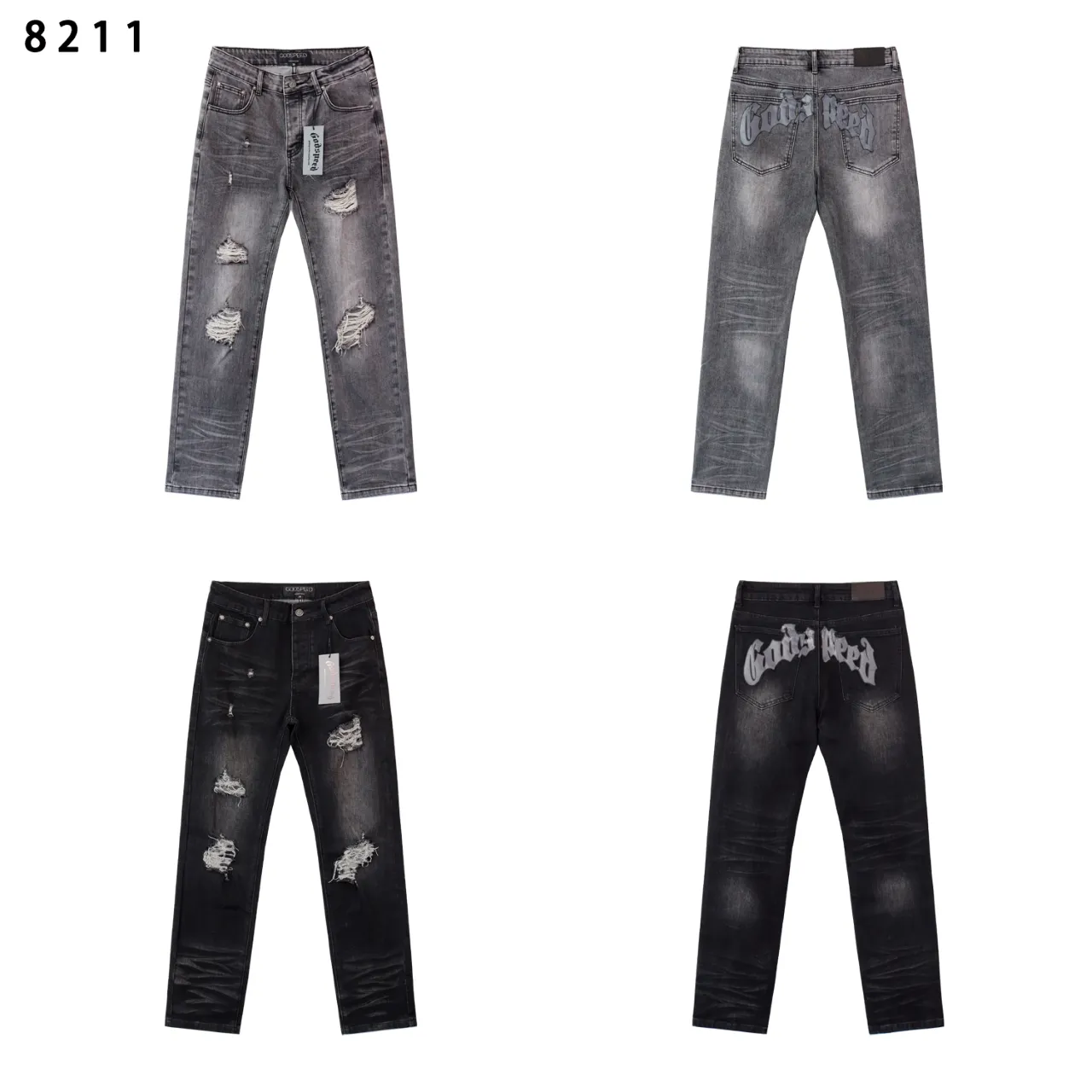 200💰Model No.: 8211 Fabric: Denim Real-stock Godspeed denim trousers, loose trendy brand stretch denim Color: Smoke Gray Black Blue Size 28 (S) 30 (M) 32 (L) 34 (XL) 36 (XXL) 38 (XXXL)