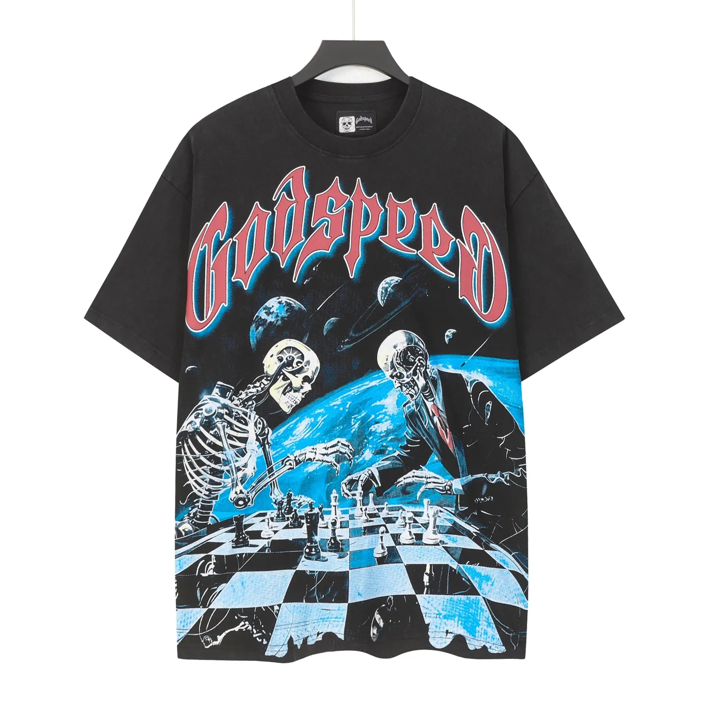6102# washed black I P116 high-definition printing. soft touch Godspeed cross-border American rock and roll street washed retro style short-sleeved T (craft printing) fabric (fabric): 32 count combed double yarn 250 grams weight code (size): S-M-L-XL color (colour): washed black