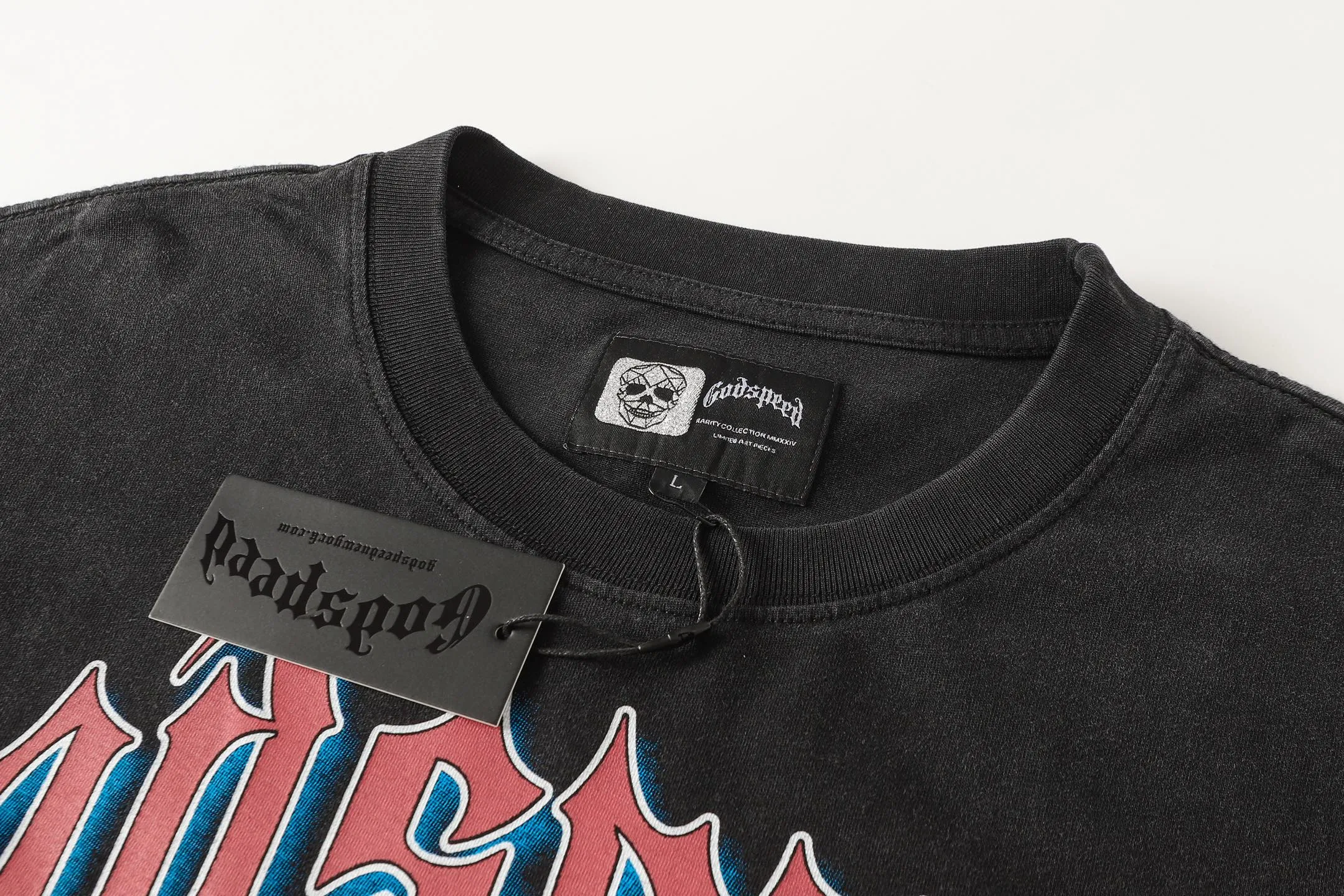 6102# washed black I P116 high-definition printing. soft touch Godspeed cross-border American rock and roll street washed retro style short-sleeved T (craft printing) fabric (fabric): 32 count combed double yarn 250 grams weight code (size): S-M-L-XL color (colour): washed black