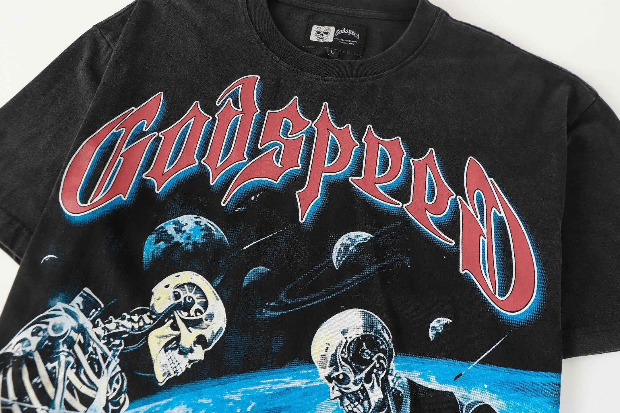 6102# washed black I P116 high-definition printing. soft touch Godspeed cross-border American rock and roll street washed retro style short-sleeved T (craft printing) fabric (fabric): 32 count combed double yarn 250 grams weight code (size): S-M-L-XL color (colour): washed black