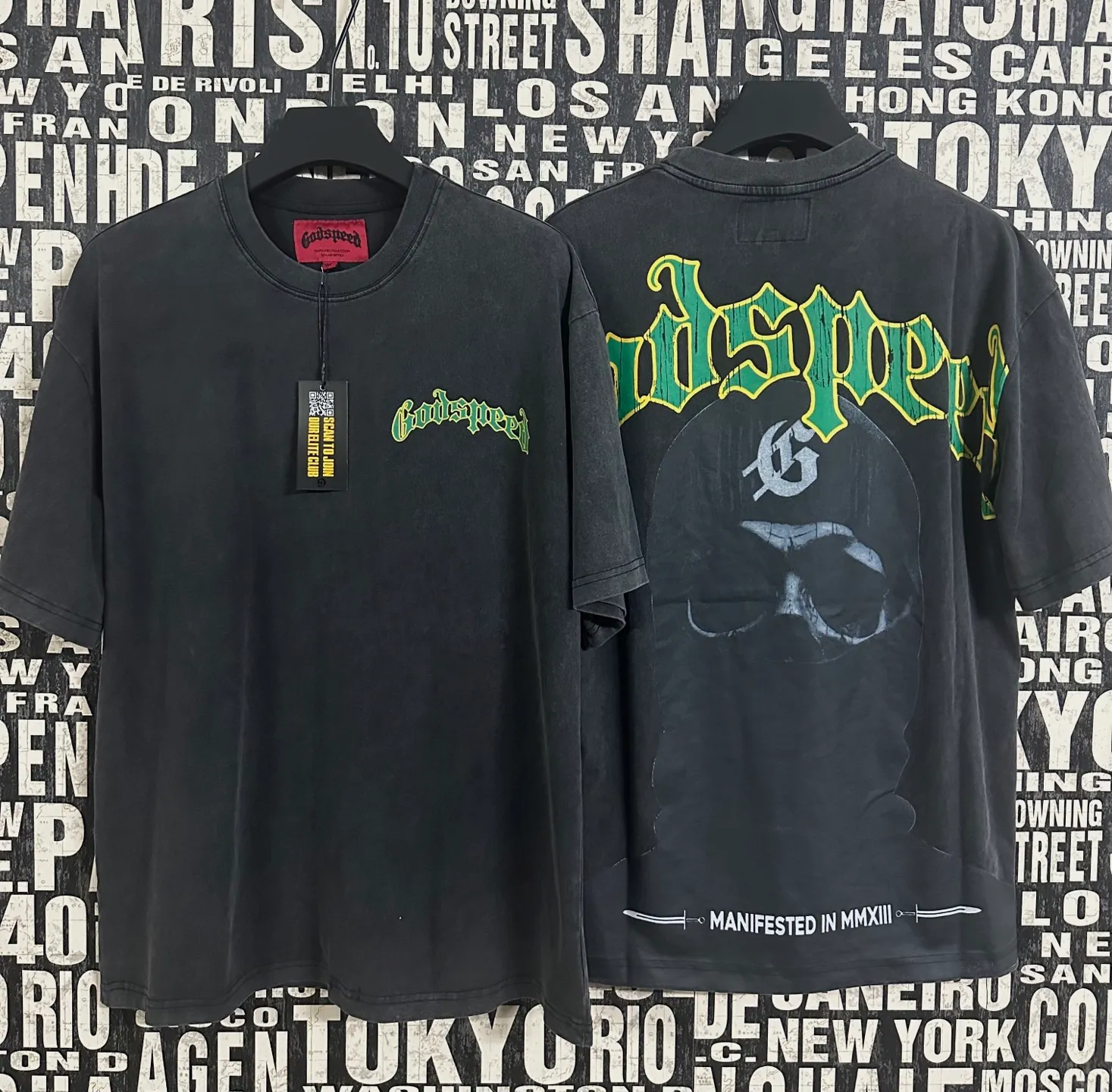 6050#washed black｜P116 Godspeed cross-border American rock and roll street washed retro style short-sleeved T (craft printing) fabric (fabric): 32 count combed double yarn 250g weight size (size): S-M-L-XL color (colour): washed black 👉