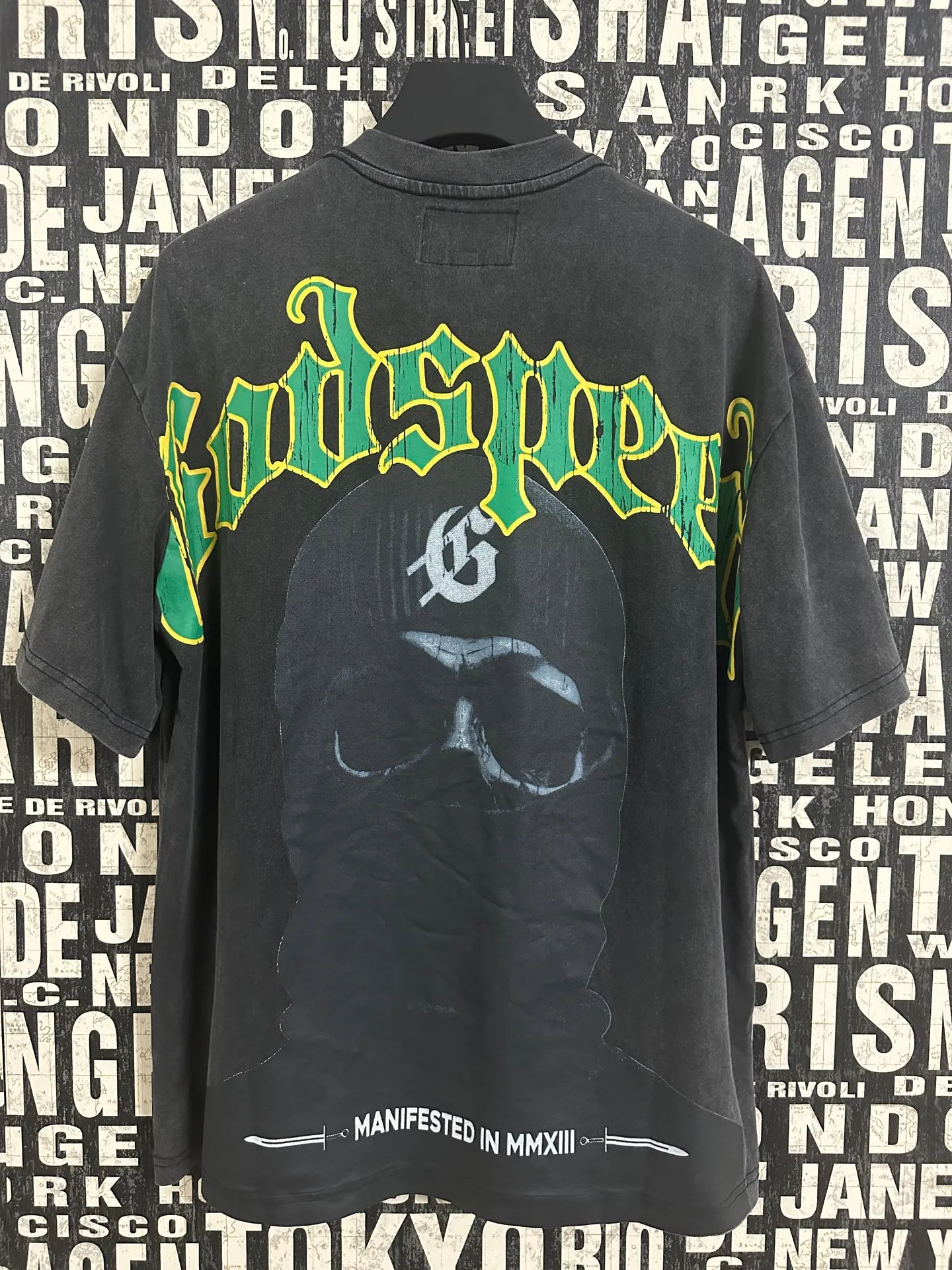 6050#washed black｜P116 Godspeed cross-border American rock and roll street washed retro style short-sleeved T (craft printing) fabric (fabric): 32 count combed double yarn 250g weight size (size): S-M-L-XL color (colour): washed black 👉