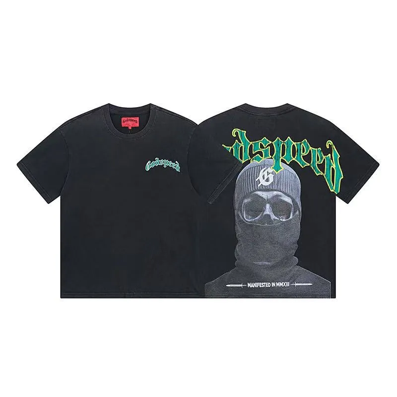 6050#washed black｜P116 Godspeed cross-border American rock and roll street washed retro style short-sleeved T (craft printing) fabric (fabric): 32 count combed double yarn 250g weight size (size): S-M-L-XL color (colour): washed black 👉