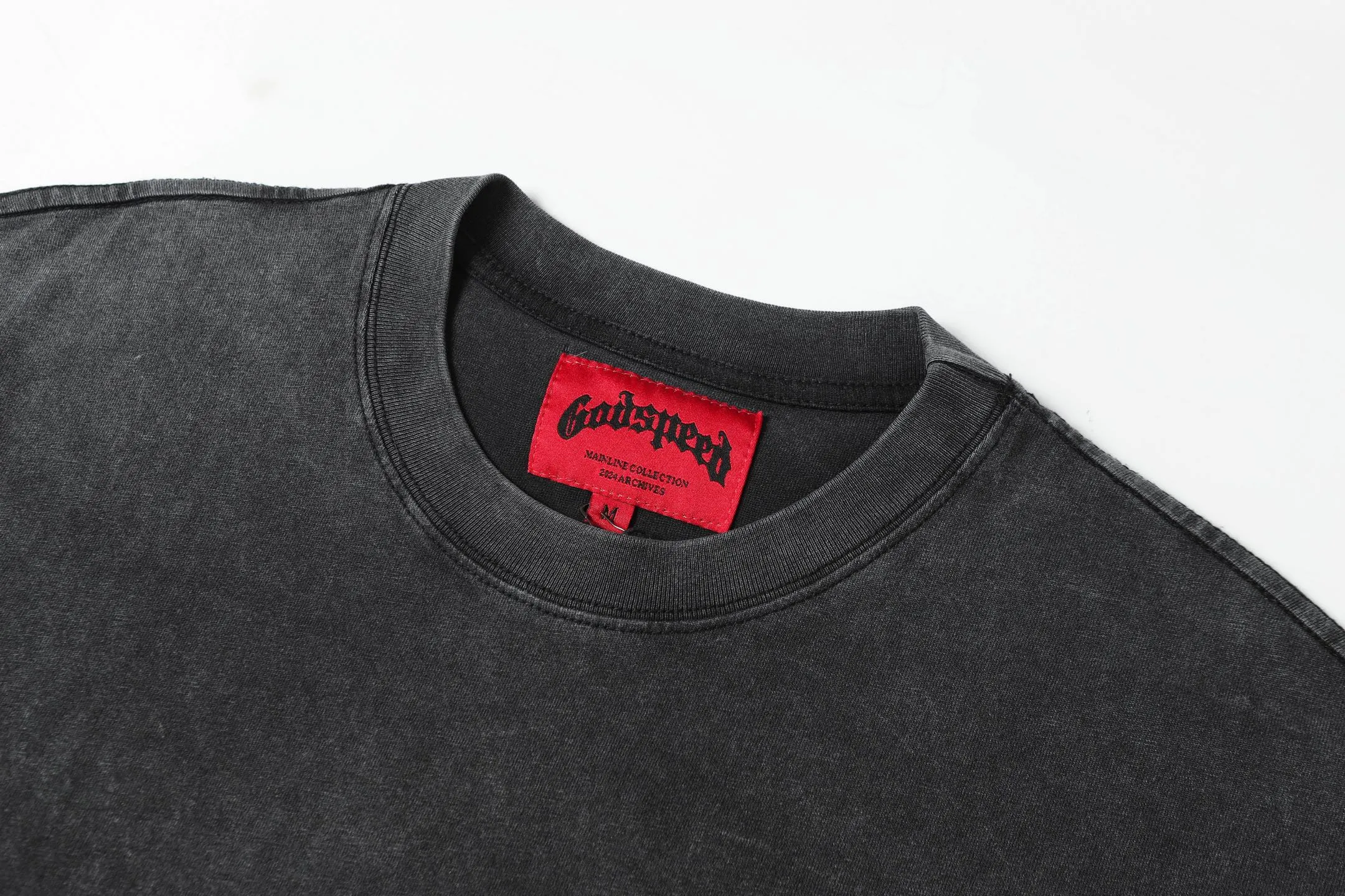 6050#washed black｜P116 Godspeed cross-border American rock and roll street washed retro style short-sleeved T (craft printing) fabric (fabric): 32 count combed double yarn 250g weight size (size): S-M-L-XL color (colour): washed black 👉