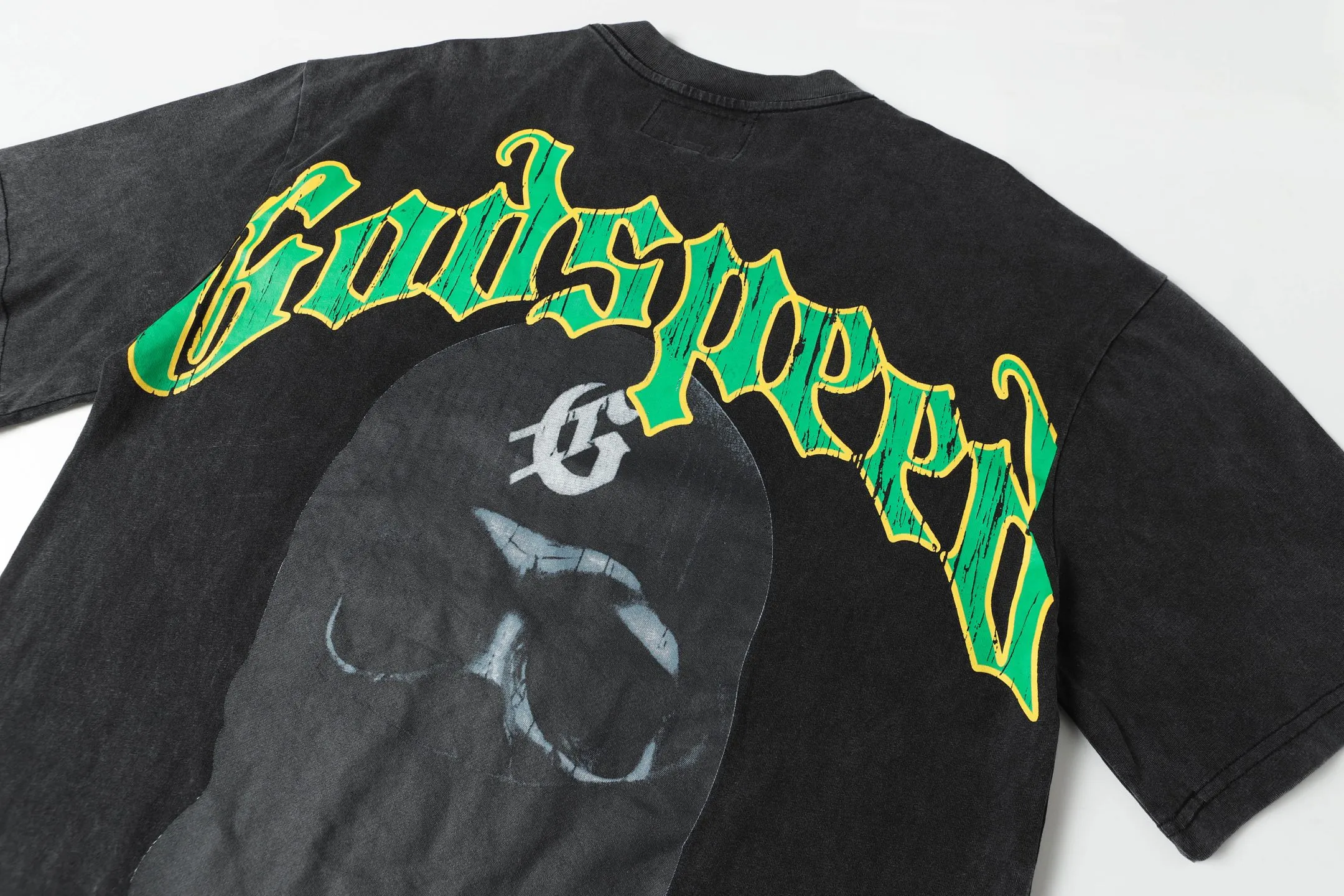6050#washed black｜P116 Godspeed cross-border American rock and roll street washed retro style short-sleeved T (craft printing) fabric (fabric): 32 count combed double yarn 250g weight size (size): S-M-L-XL color (colour): washed black 👉