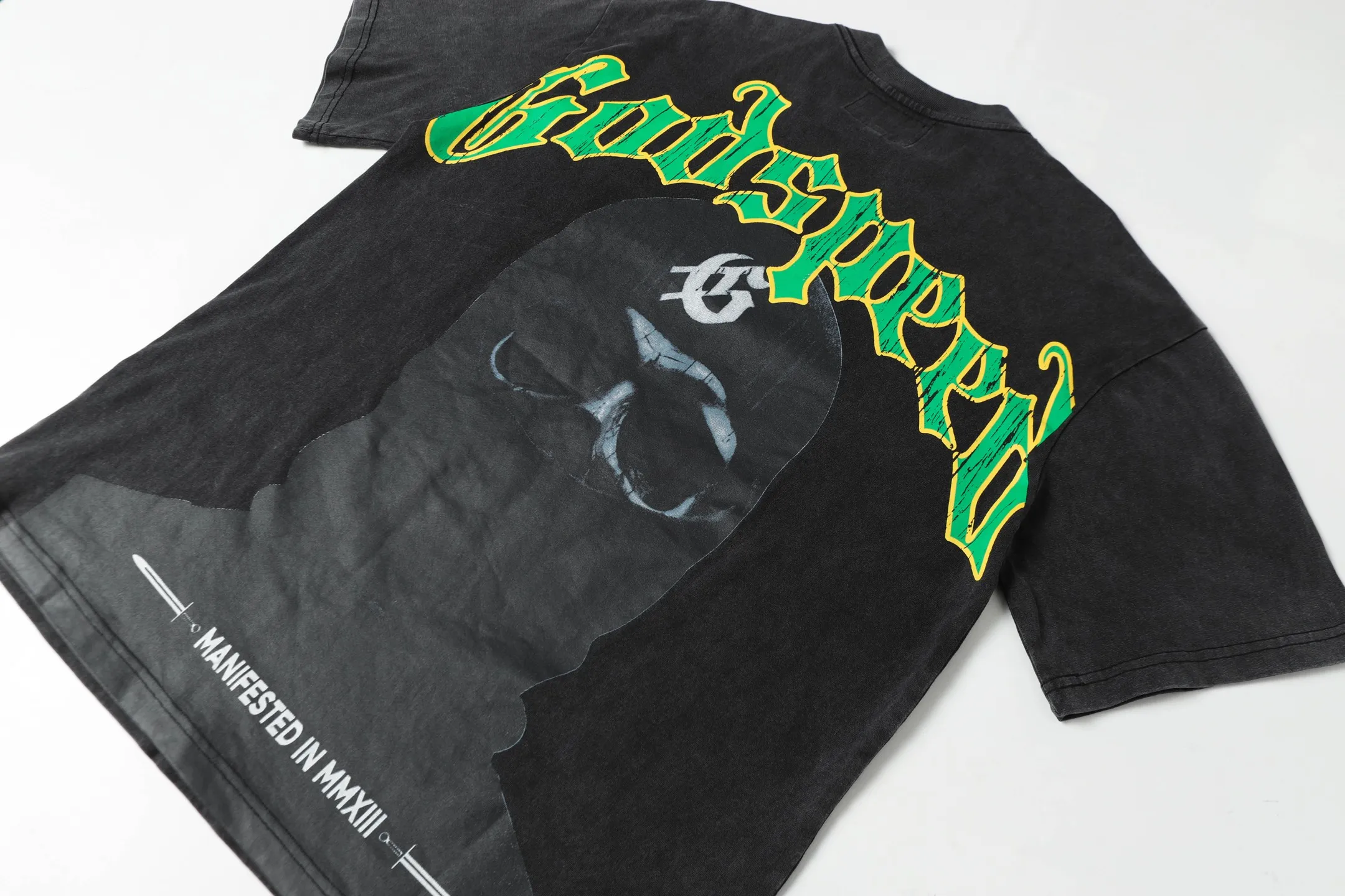 6050#washed black｜P116 Godspeed cross-border American rock and roll street washed retro style short-sleeved T (craft printing) fabric (fabric): 32 count combed double yarn 250g weight size (size): S-M-L-XL color (colour): washed black 👉