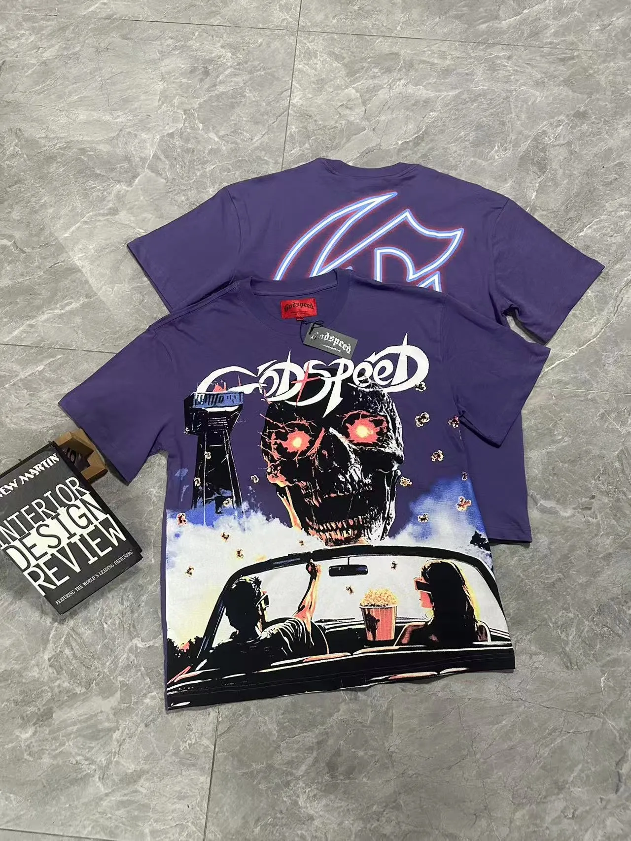 52💰5091#vine purple Godspeed cross-border American rock and roll street wash retro style short-sleeved T (craft printing) fabric (fabric) 32 combed double yarns 240 grams weight code number (size): S-M-L-XL color (colour): vine purple