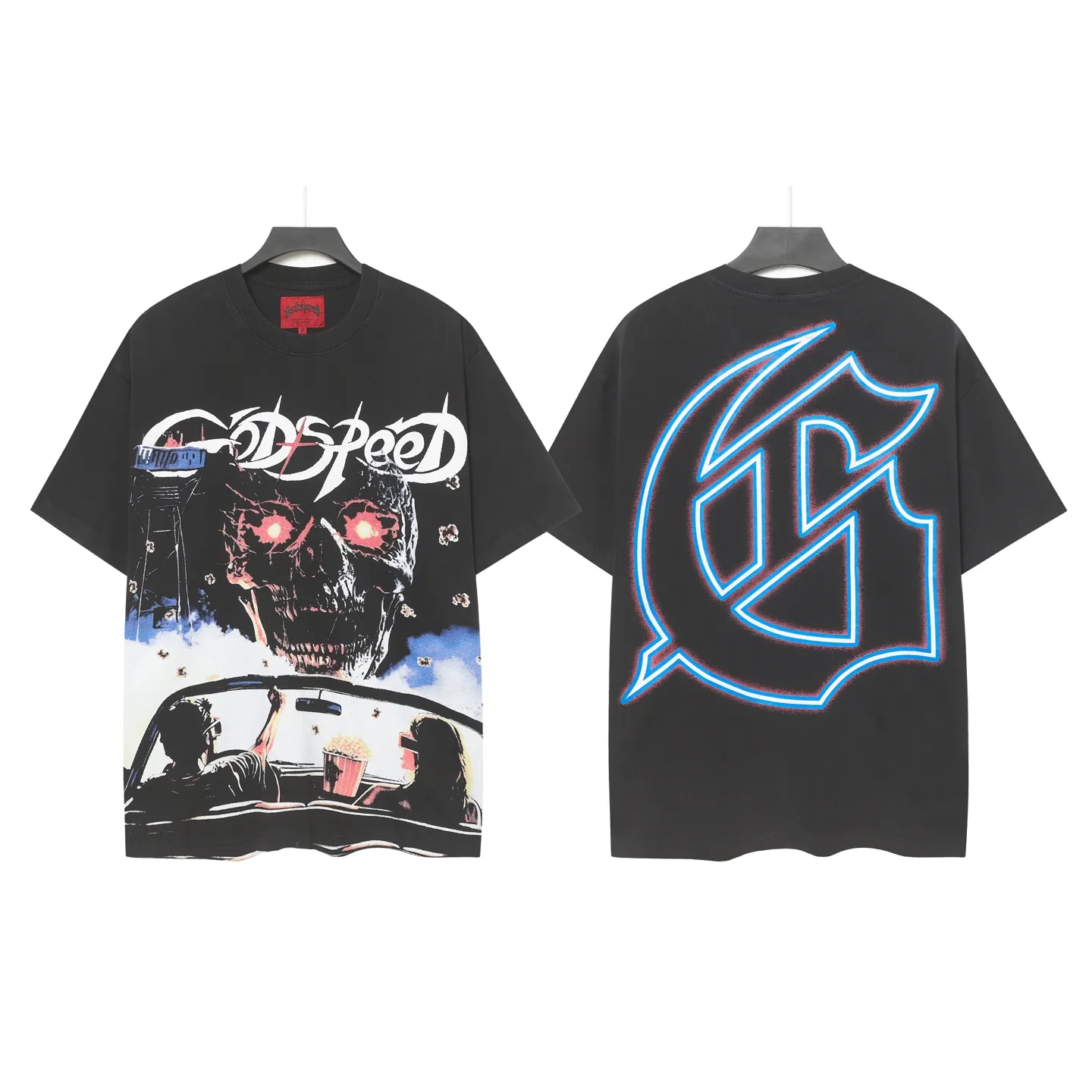 6091#washed black I P116 Godspeed cross-border American rock and roll street washed retro style short-sleeved T (craft printing) fabric (fabric): 32 count combed double yarn 250 grams weight code number (size): S-M-L-XL color (colour): washed black 👉 👉