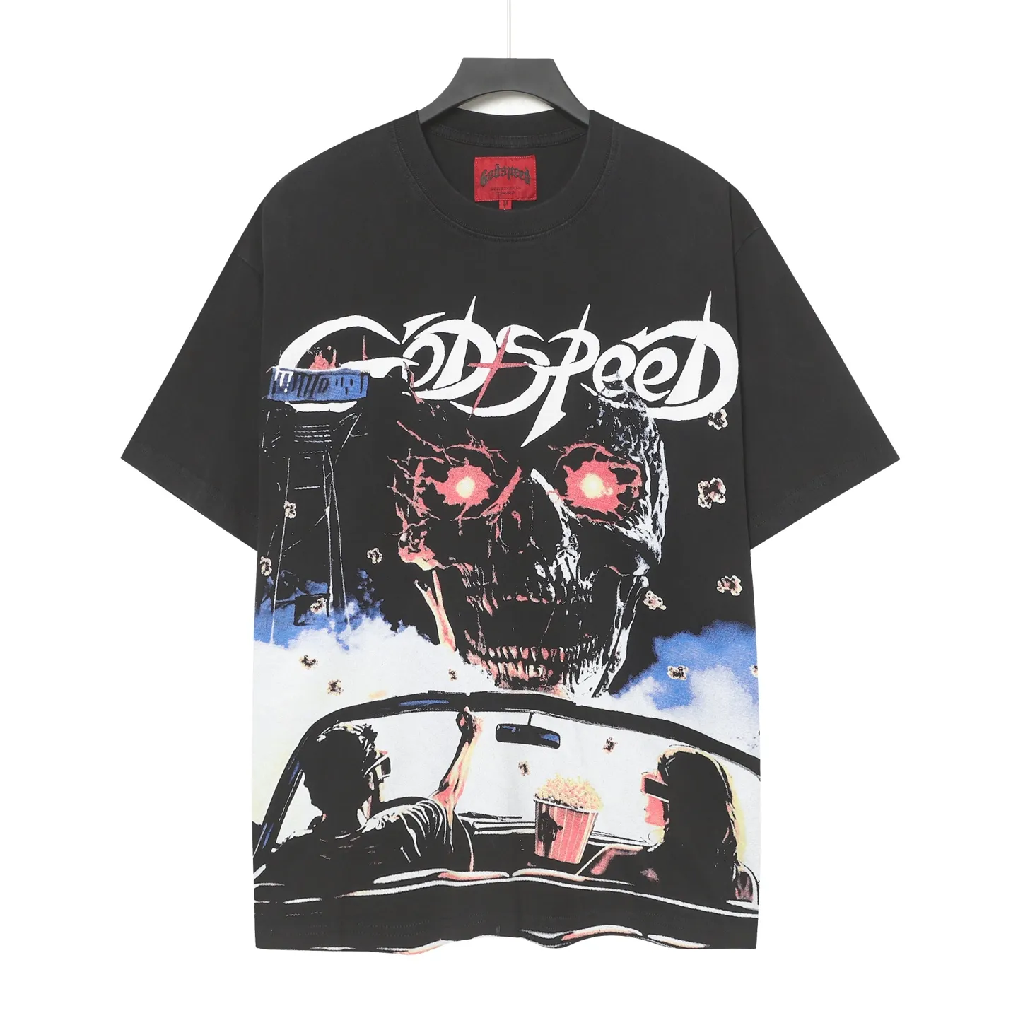 6091#washed black I P116 Godspeed cross-border American rock and roll street washed retro style short-sleeved T (craft printing) fabric (fabric): 32 count combed double yarn 250 grams weight code number (size): S-M-L-XL color (colour): washed black 👉 👉