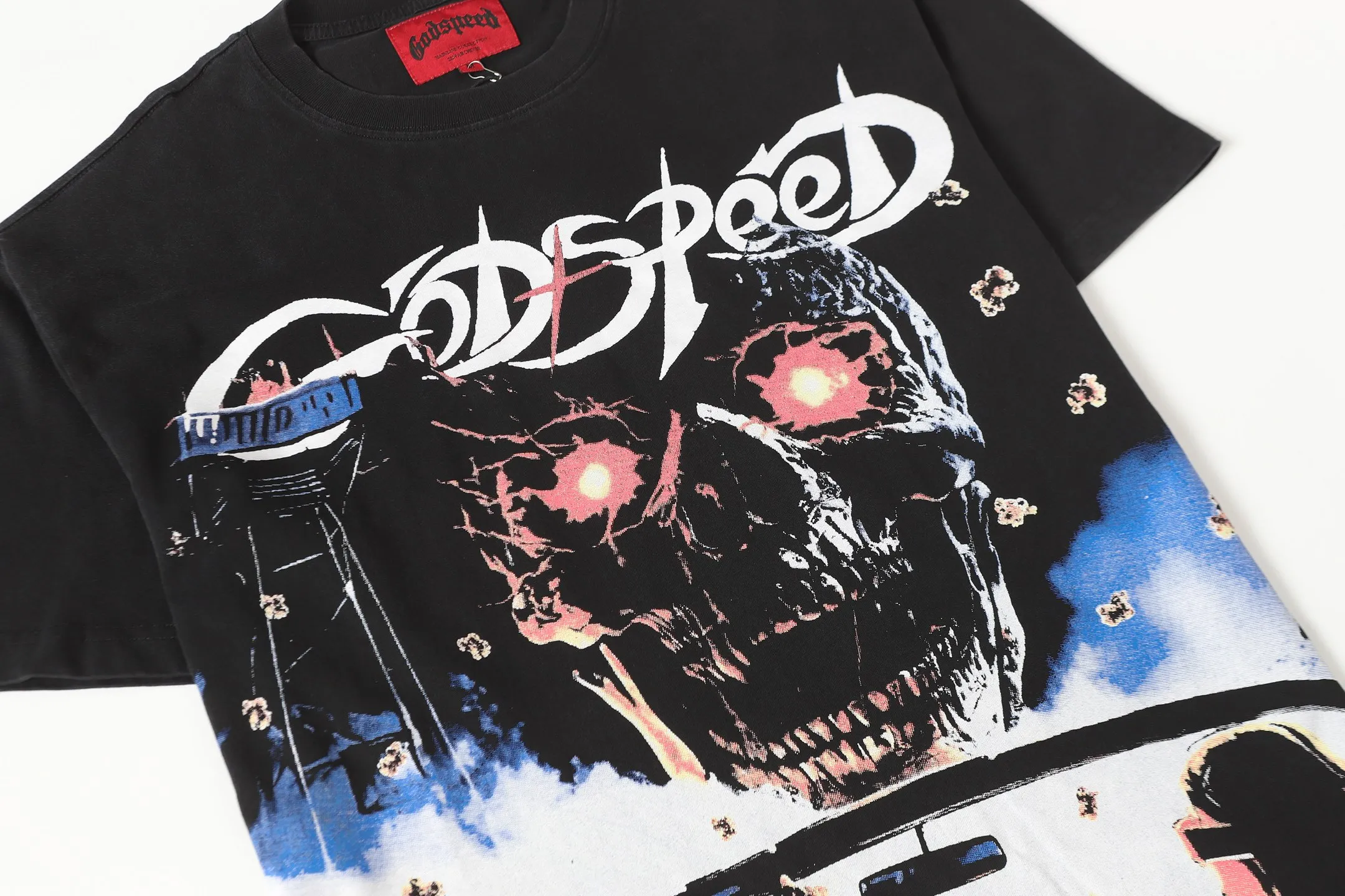 6091#washed black I P116 Godspeed cross-border American rock and roll street washed retro style short-sleeved T (craft printing) fabric (fabric): 32 count combed double yarn 250 grams weight code number (size): S-M-L-XL color (colour): washed black 👉 👉