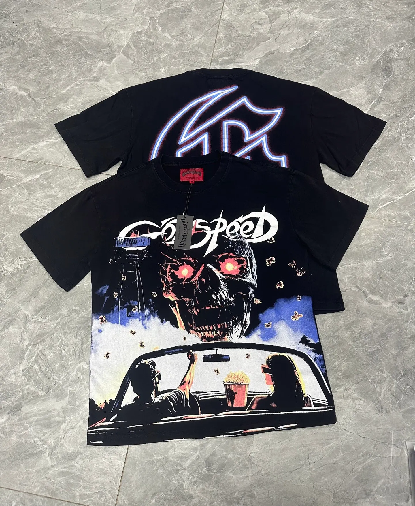 6091#washed black I P116 Godspeed cross-border American rock and roll street washed retro style short-sleeved T (craft printing) fabric (fabric): 32 count combed double yarn 250 grams weight code number (size): S-M-L-XL color (colour): washed black 👉 👉