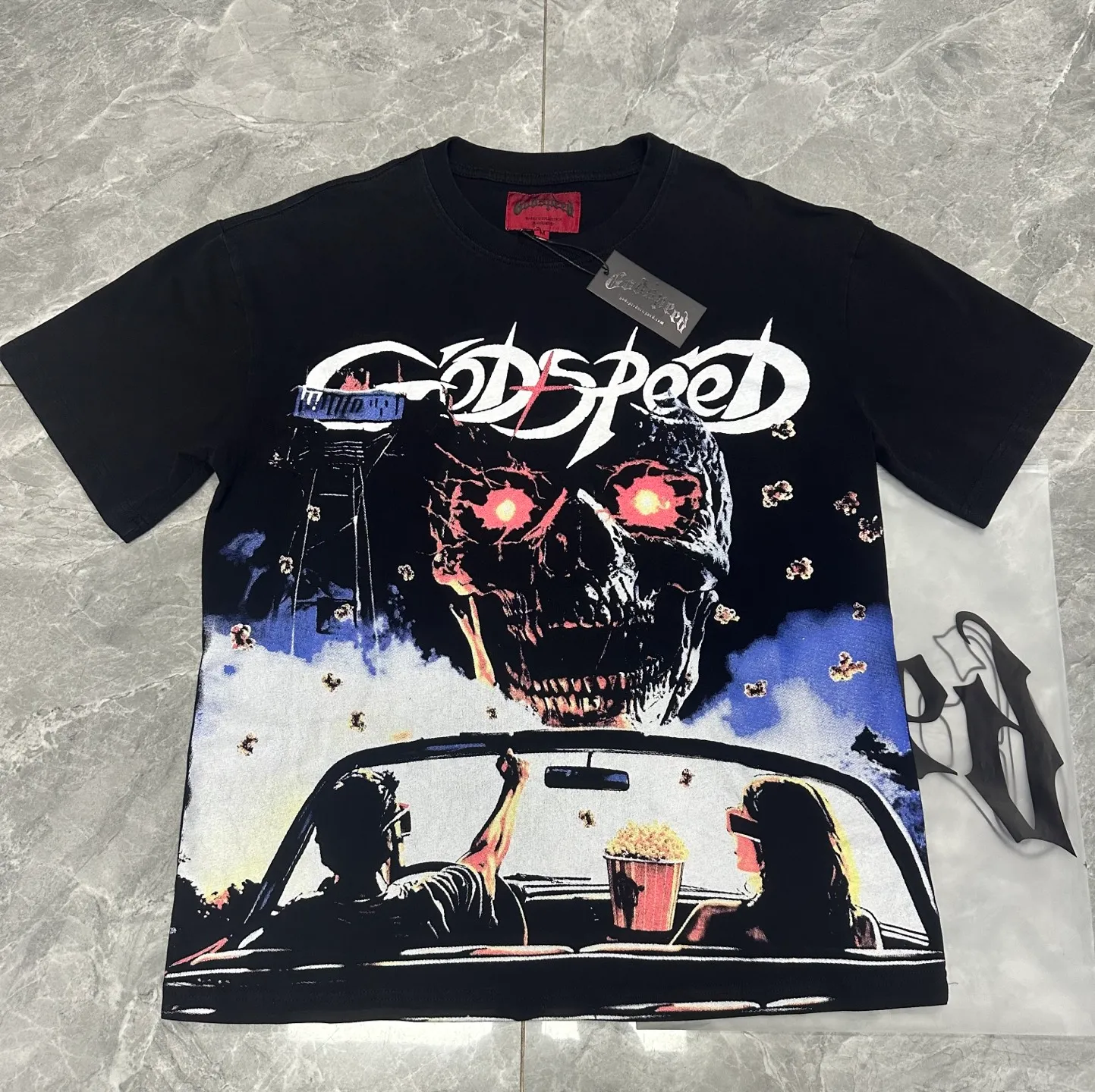 6091#washed black I P116 Godspeed cross-border American rock and roll street washed retro style short-sleeved T (craft printing) fabric (fabric): 32 count combed double yarn 250 grams weight code number (size): S-M-L-XL color (colour): washed black 👉 👉