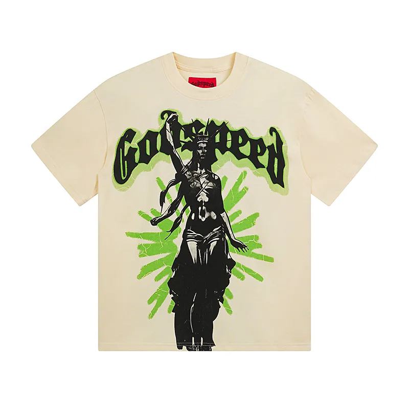 3061# P110 Real shot Godspeed American fashion rock street retro loose printed cotton short sleeves Fabric: 240g 32 count fine cotton double yarn pure cotton Color: apricot Size: S M L XL