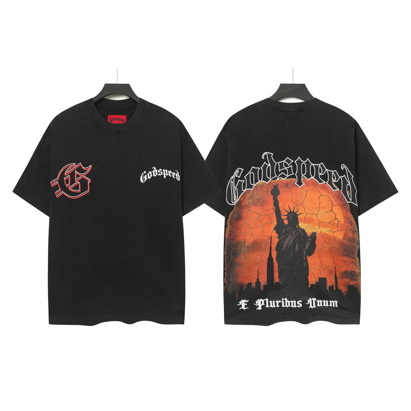 6053#washed black｜P116 Godspeed cross-border American rock and roll street washed retro style short-sleeved T (craft printing) fabric (fabric): 32 count combed double yarn 250g weight code number (size): S-M-L-XL color (colour): washed black