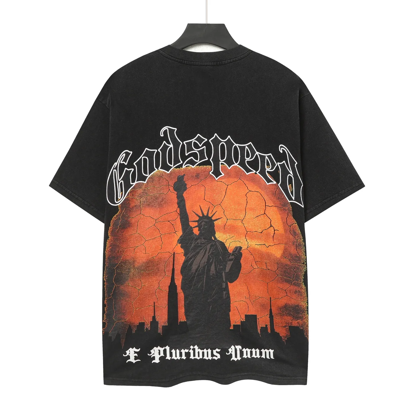 6053#washed black｜P116 Godspeed cross-border American rock and roll street washed retro style short-sleeved T (craft printing) fabric (fabric): 32 count combed double yarn 250g weight code number (size): S-M-L-XL color (colour): washed black