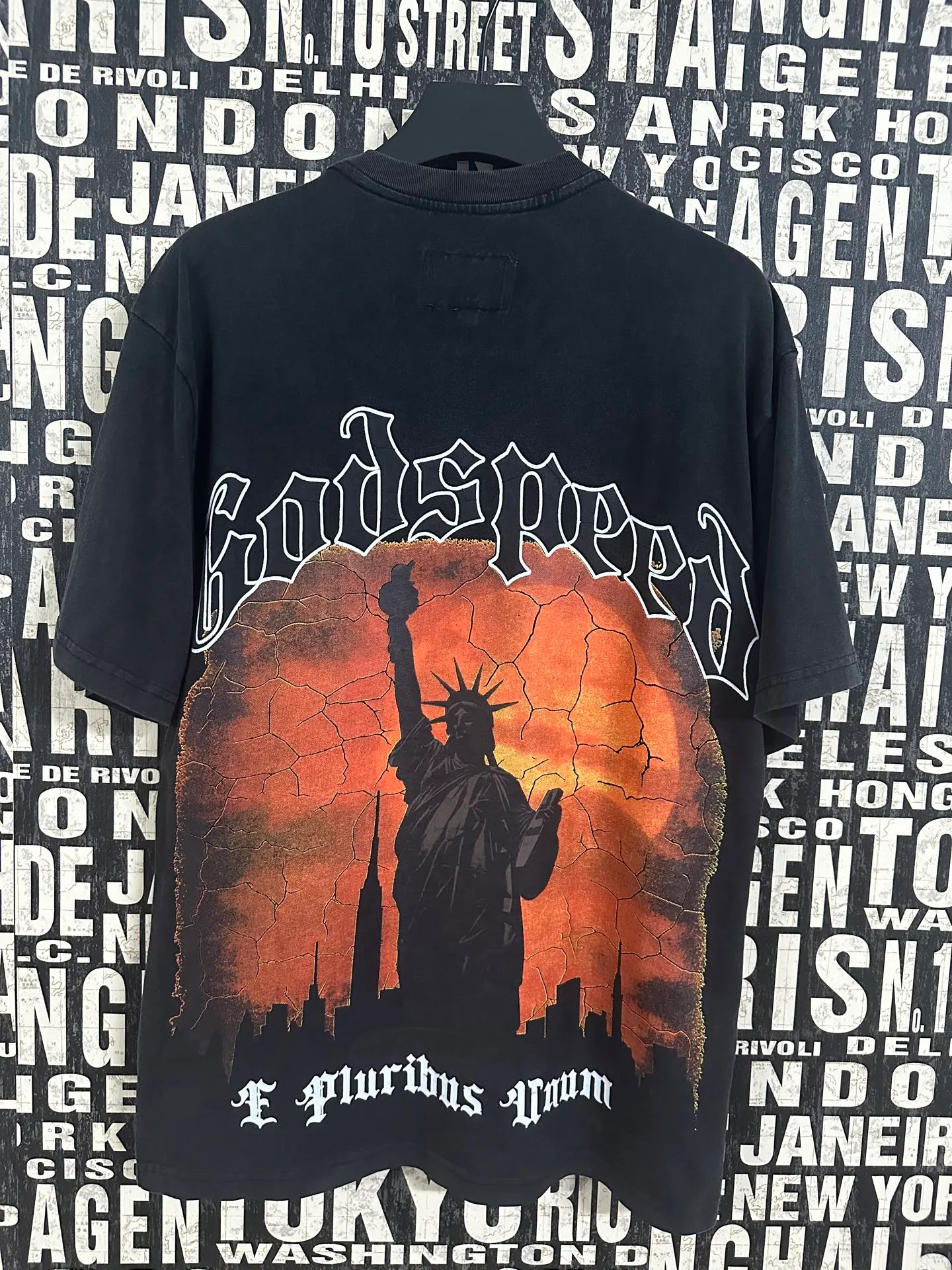 6053#washed black｜P116 Godspeed cross-border American rock and roll street washed retro style short-sleeved T (craft printing) fabric (fabric): 32 count combed double yarn 250g weight code number (size): S-M-L-XL color (colour): washed black