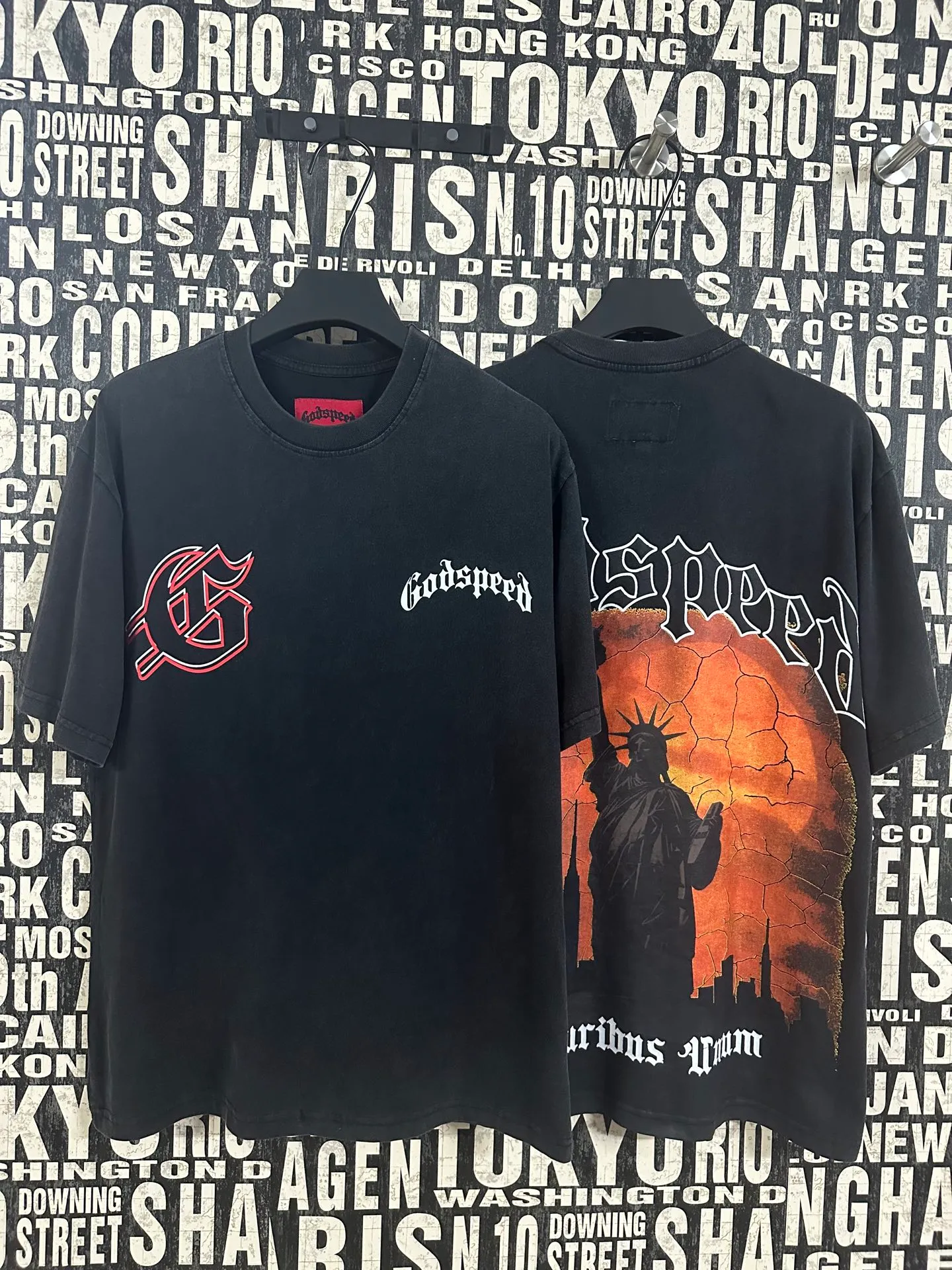 6053#washed black｜P116 Godspeed cross-border American rock and roll street washed retro style short-sleeved T (craft printing) fabric (fabric): 32 count combed double yarn 250g weight code number (size): S-M-L-XL color (colour): washed black
