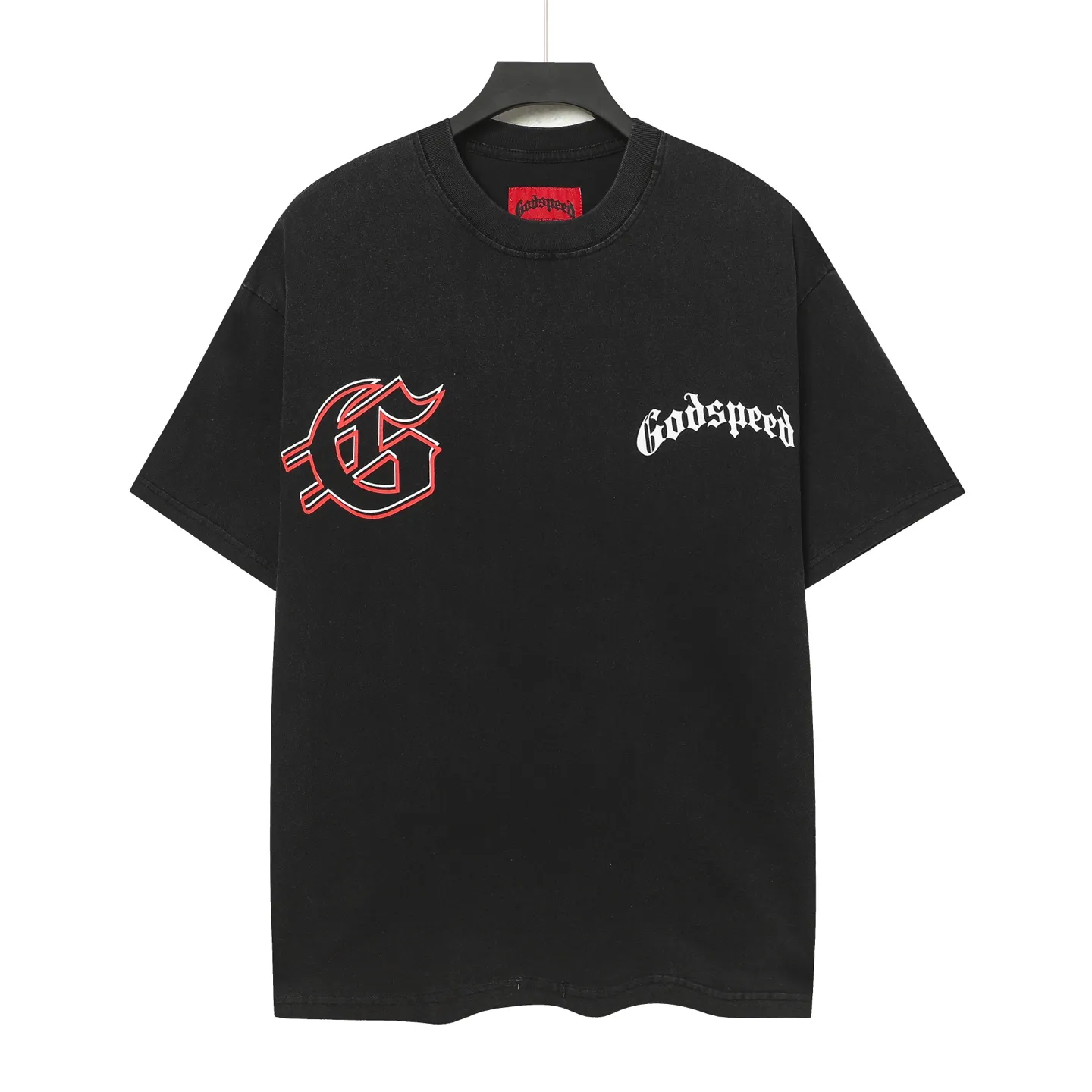 6053#washed black｜P116 Godspeed cross-border American rock and roll street washed retro style short-sleeved T (craft printing) fabric (fabric): 32 count combed double yarn 250g weight code number (size): S-M-L-XL color (colour): washed black