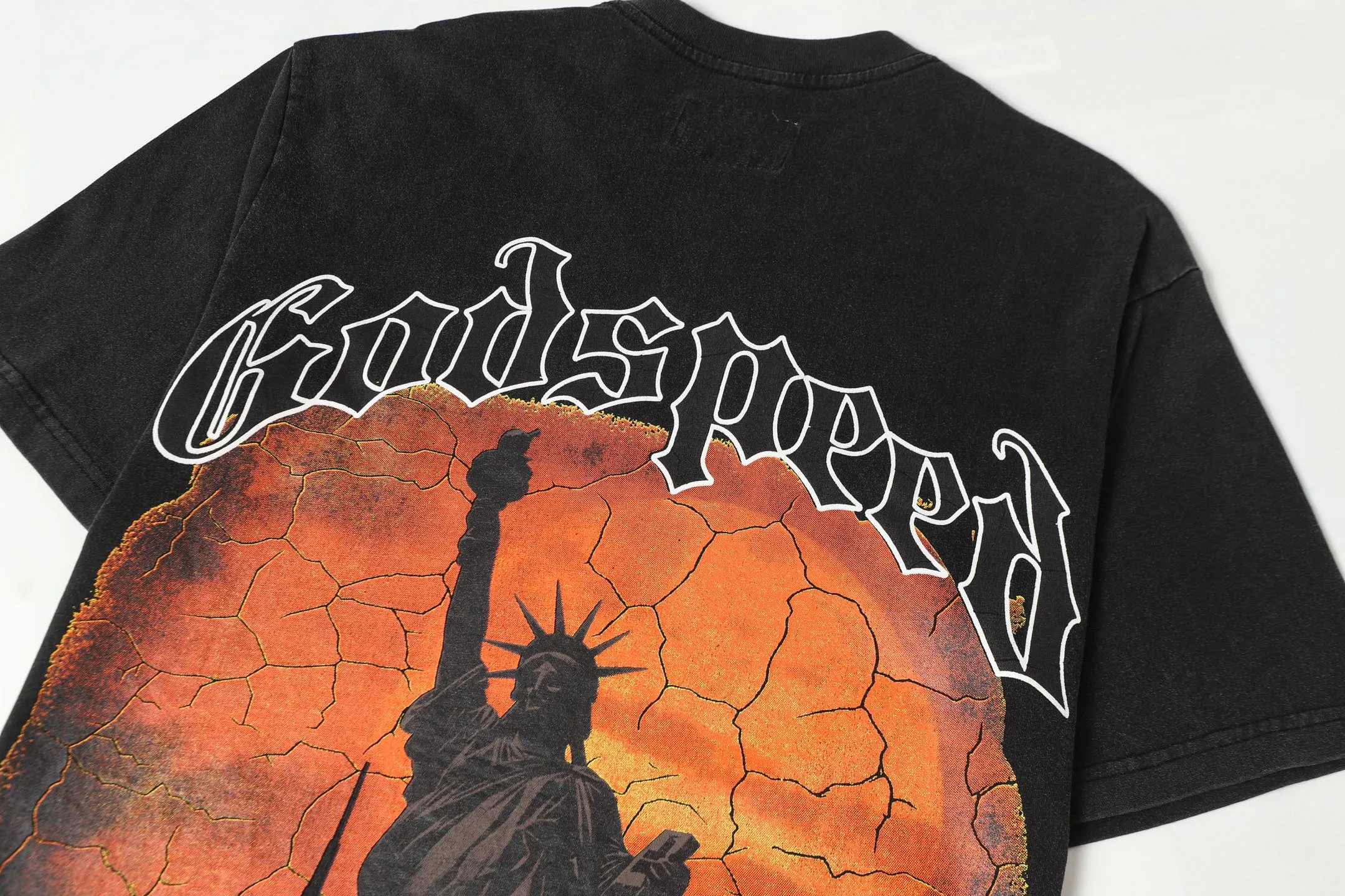 6053#washed black｜P116 Godspeed cross-border American rock and roll street washed retro style short-sleeved T (craft printing) fabric (fabric): 32 count combed double yarn 250g weight code number (size): S-M-L-XL color (colour): washed black