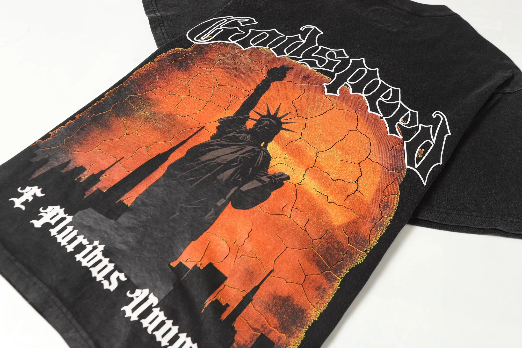 6053#washed black｜P116 Godspeed cross-border American rock and roll street washed retro style short-sleeved T (craft printing) fabric (fabric): 32 count combed double yarn 250g weight code number (size): S-M-L-XL color (colour): washed black