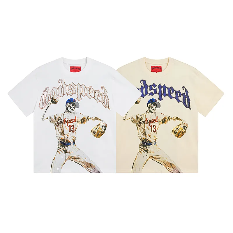 3003# P110 Real shot Godspeed American fashion rock street retro loose printed cotton short sleeves Fabric: 240g 32 count fine cotton double yarn pure cotton Color: off-white apricot Size: S M L XL