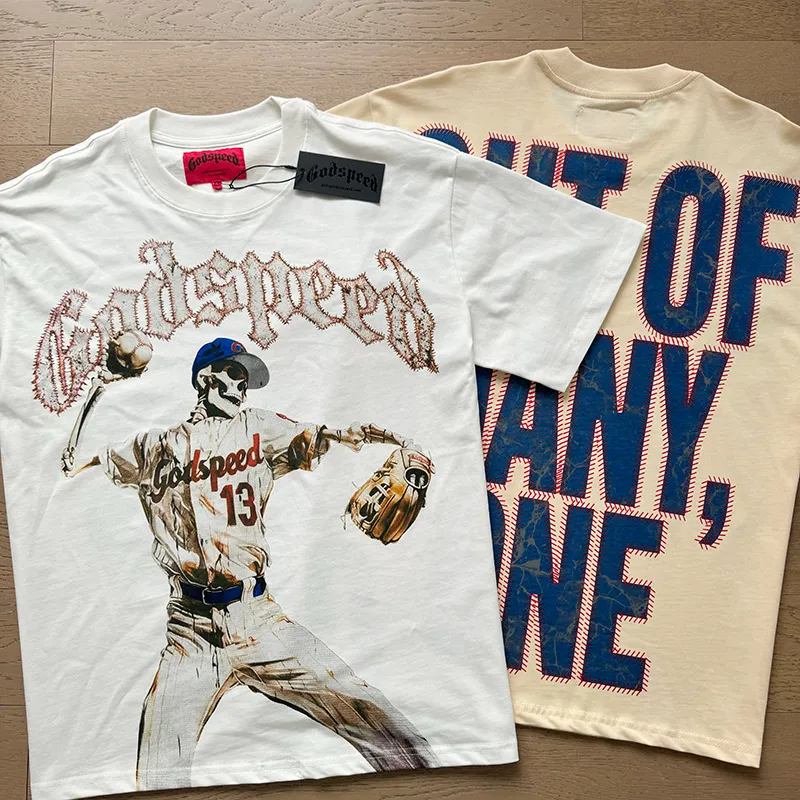 3003# P110 Real shot Godspeed American fashion rock street retro loose printed cotton short sleeves Fabric: 240g 32 count fine cotton double yarn pure cotton Color: off-white apricot Size: S M L XL