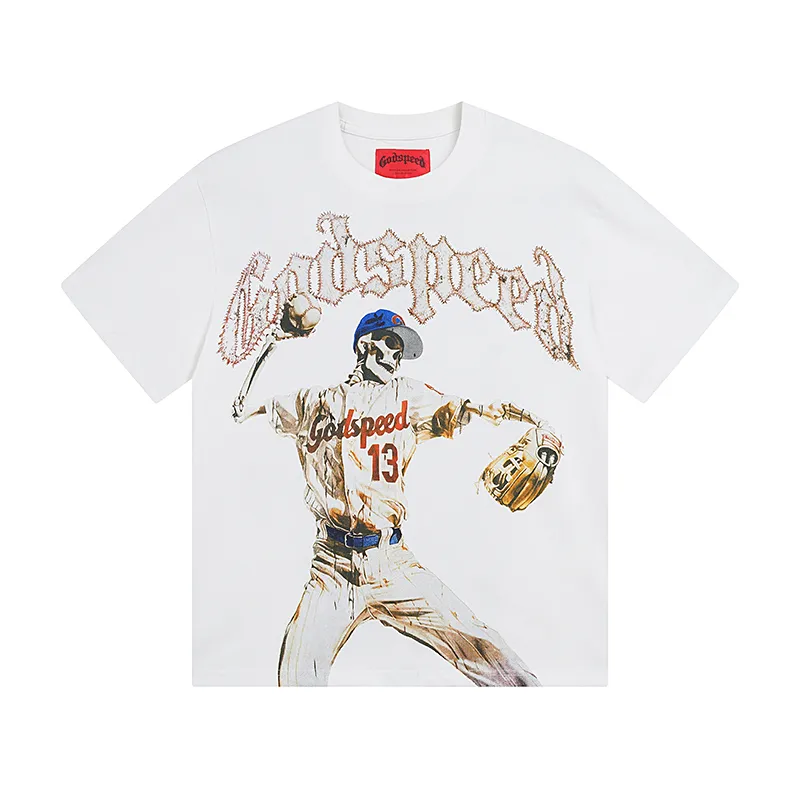 3003# P110 Real shot Godspeed American fashion rock street retro loose printed cotton short sleeves Fabric: 240g 32 count fine cotton double yarn pure cotton Color: off-white apricot Size: S M L XL