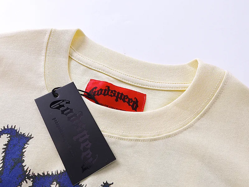 3003# P110 Real shot Godspeed American fashion rock street retro loose printed cotton short sleeves Fabric: 240g 32 count fine cotton double yarn pure cotton Color: off-white apricot Size: S M L XL