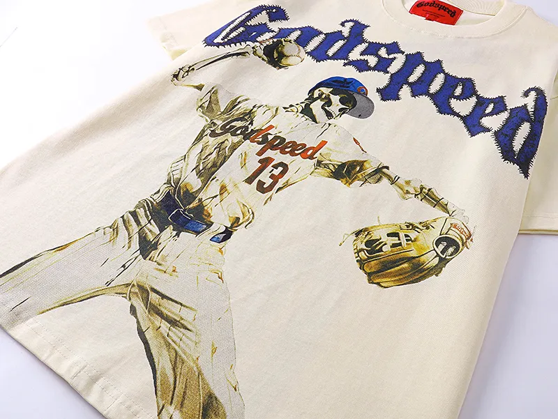 3003# P110 Real shot Godspeed American fashion rock street retro loose printed cotton short sleeves Fabric: 240g 32 count fine cotton double yarn pure cotton Color: off-white apricot Size: S M L XL