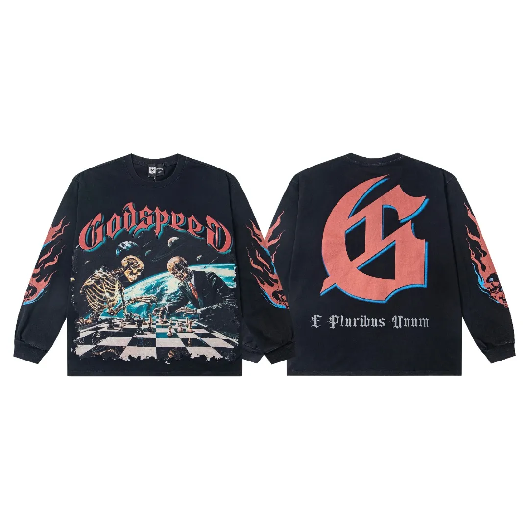 G48# GodSpeed ​​white ink direct spray washed long sleeve S-XL size black (washed) P156 apricot P146