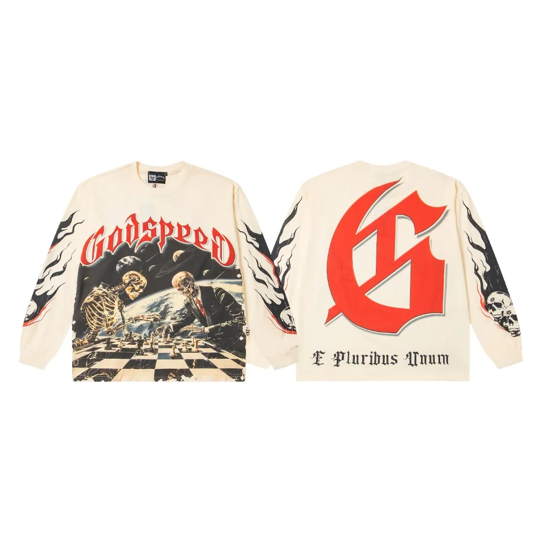 G48# GodSpeed ​​white ink direct spray washed long sleeve S-XL size black (washed) P156 apricot P146