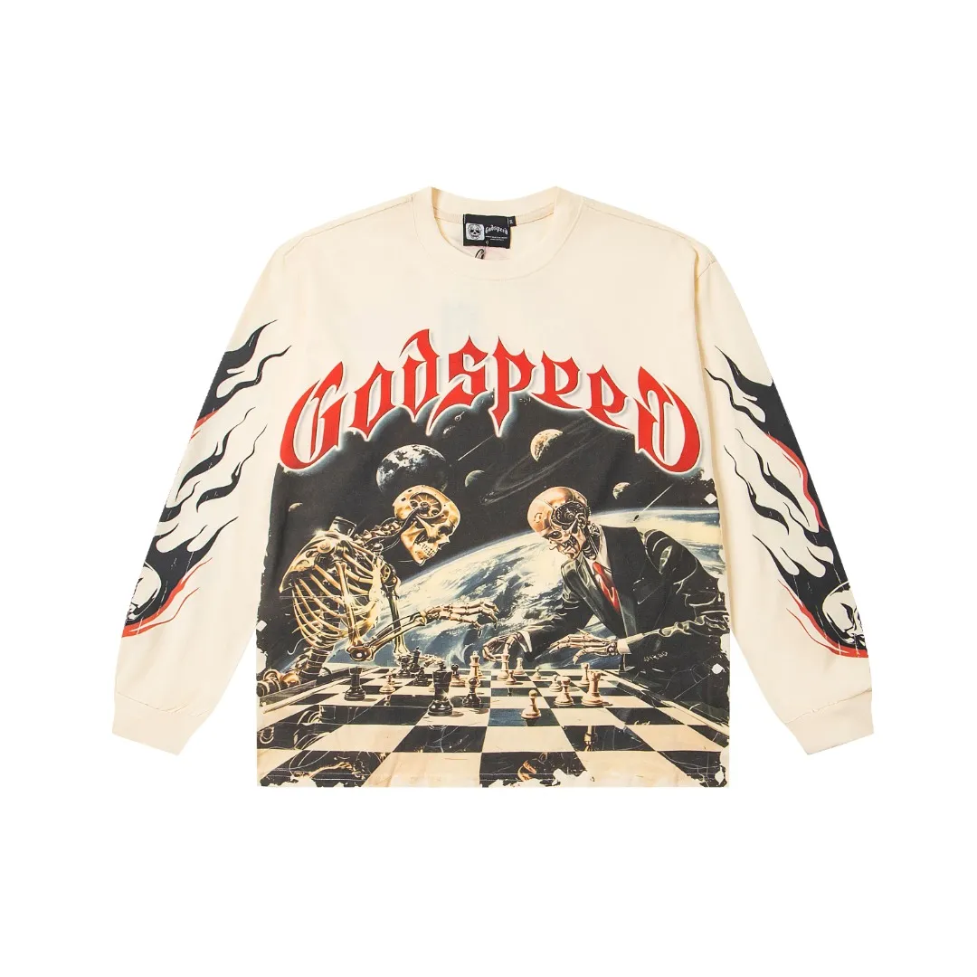 G48# GodSpeed ​​white ink direct spray washed long sleeve S-XL size black (washed) P156 apricot P146