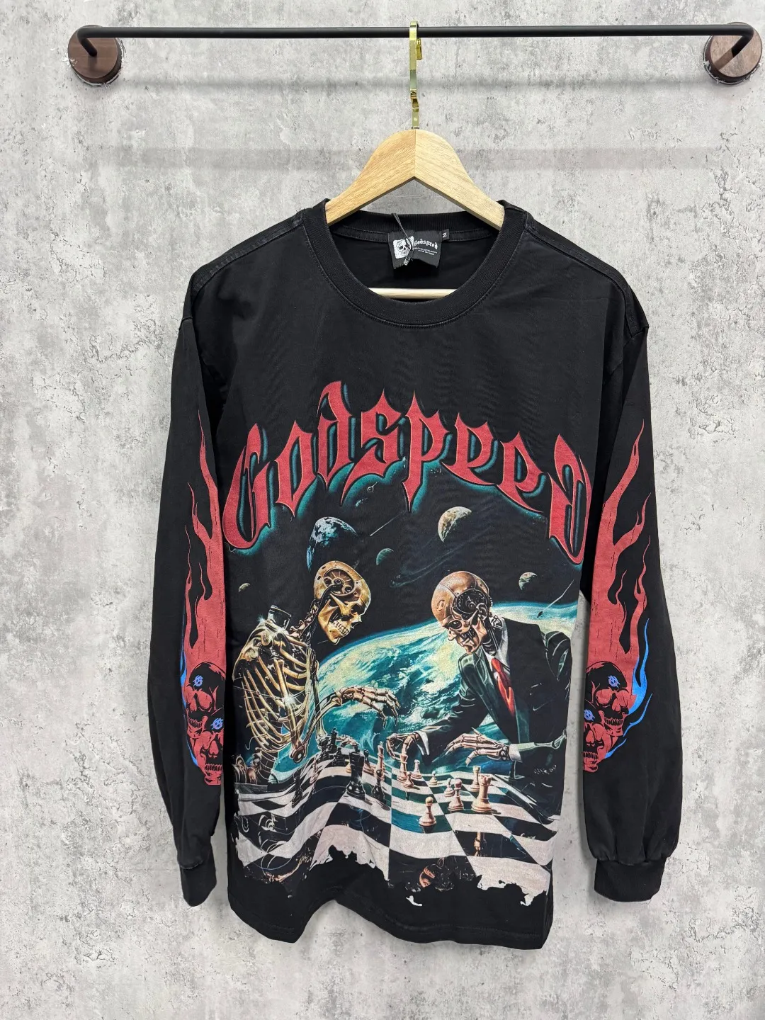 G48# GodSpeed ​​white ink direct spray washed long sleeve S-XL size black (washed) P156 apricot P146