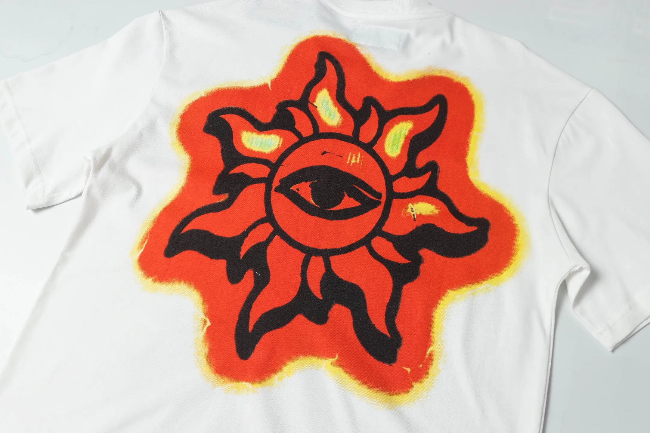 5025# white/apricot | P104 Godspeed cross-border American rock and roll street washed retro style short-sleeved T (craft printing) fabric (fabric): 32 counts combed double yarn 240 grams weight code (size): S-M-L-XL color (colour): white, apricot,