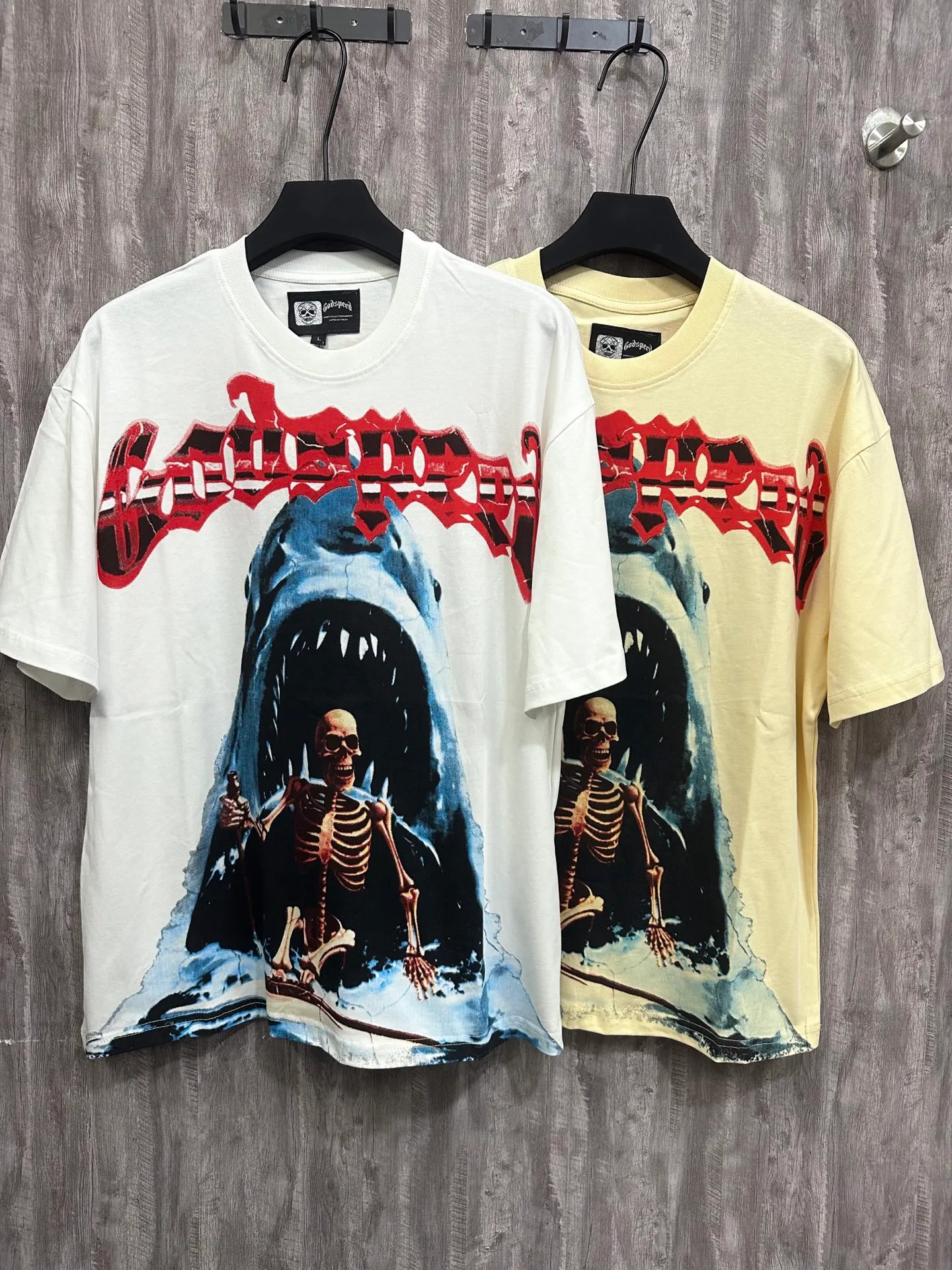 5025# white/apricot | P104 Godspeed cross-border American rock and roll street washed retro style short-sleeved T (craft printing) fabric (fabric): 32 counts combed double yarn 240 grams weight code (size): S-M-L-XL color (colour): white, apricot,