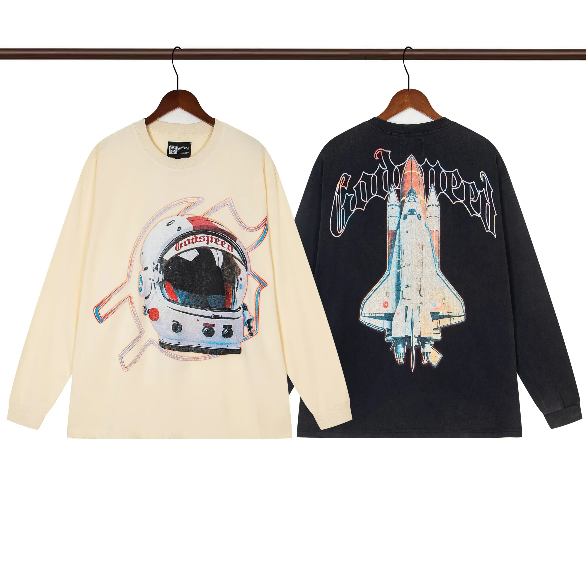 Style number G104 Washed black P156 Apricot P136 Godspeed 25SS retro washed distressed long-sleeved T-shirt Loose fit Washed black Apricot S-XL