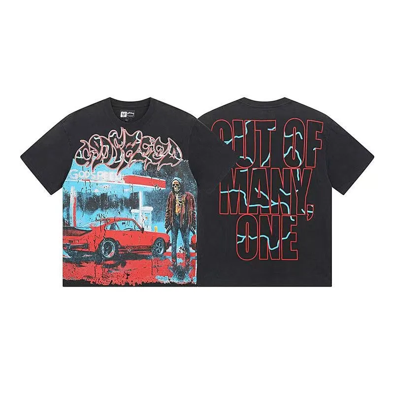 6006#washed black｜P116 Godspeed cross-border American rock and roll street washed retro style short-sleeved T (craft printing) fabric (fabric): 32 count combed double yarn 250g weight size (size): S-M-L-XL color (colour): washed black 👉