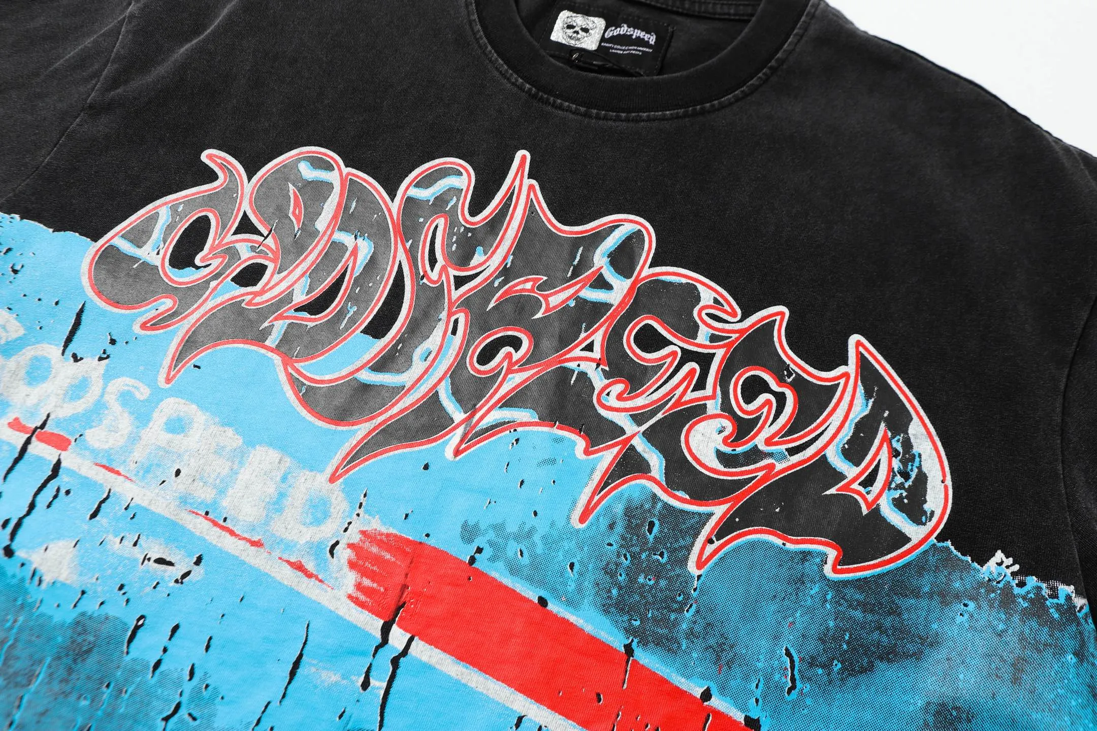 6006#washed black｜P116 Godspeed cross-border American rock and roll street washed retro style short-sleeved T (craft printing) fabric (fabric): 32 count combed double yarn 250g weight size (size): S-M-L-XL color (colour): washed black 👉