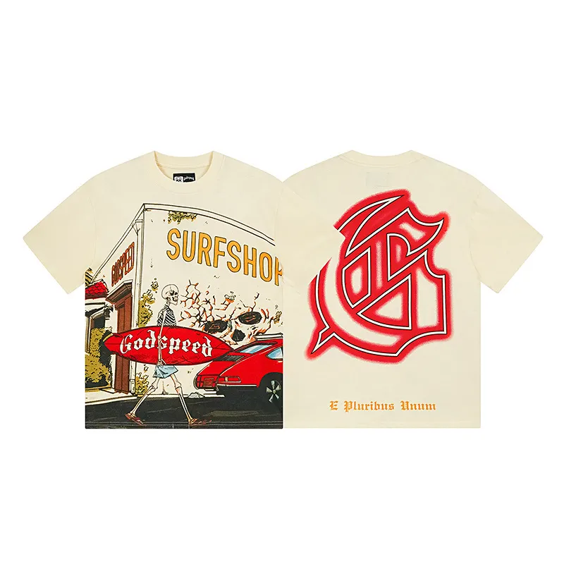 3167# P106 Real shot Godspeed American fashion rock street retro loose printed cotton short sleeves Fabric: 240g 32 count fine cotton double yarn pure cotton Color: apricot Size: S M L XL