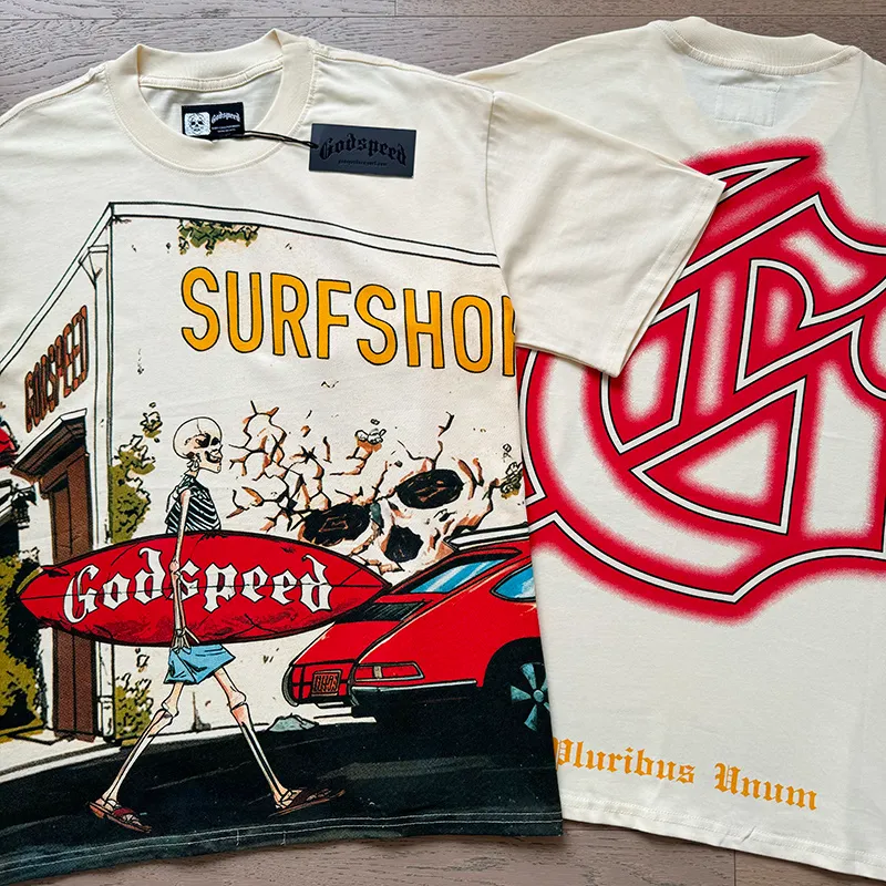 3167# P106 Real shot Godspeed American fashion rock street retro loose printed cotton short sleeves Fabric: 240g 32 count fine cotton double yarn pure cotton Color: apricot Size: S M L XL