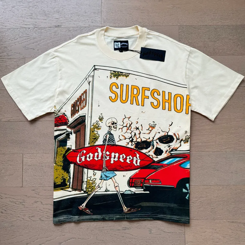 3167# P106 Real shot Godspeed American fashion rock street retro loose printed cotton short sleeves Fabric: 240g 32 count fine cotton double yarn pure cotton Color: apricot Size: S M L XL
