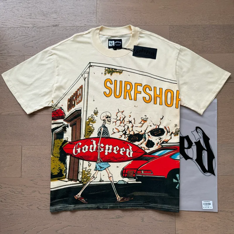 3167# P106 Real shot Godspeed American fashion rock street retro loose printed cotton short sleeves Fabric: 240g 32 count fine cotton double yarn pure cotton Color: apricot Size: S M L XL