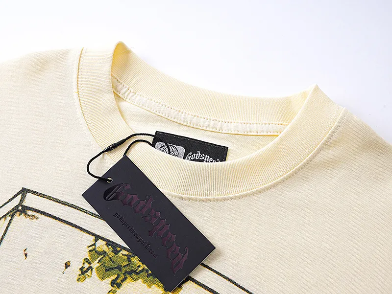 3167# P106 Real shot Godspeed American fashion rock street retro loose printed cotton short sleeves Fabric: 240g 32 count fine cotton double yarn pure cotton Color: apricot Size: S M L XL