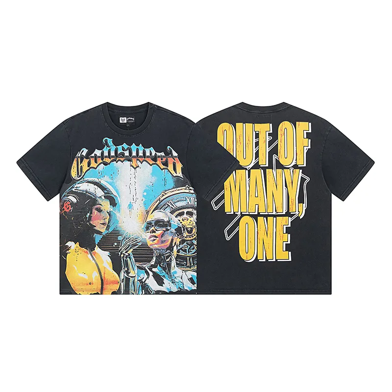 1000# P126 Washed Black Real Shot Godspeed American Fashion Rock Street Retro Washed Distressed Printed Pure Cotton Short Sleeves Fabric: 250g 32 Count Fine Cotton Double Yarn Pure Cotton Color: Washed Black Size: S M L XL