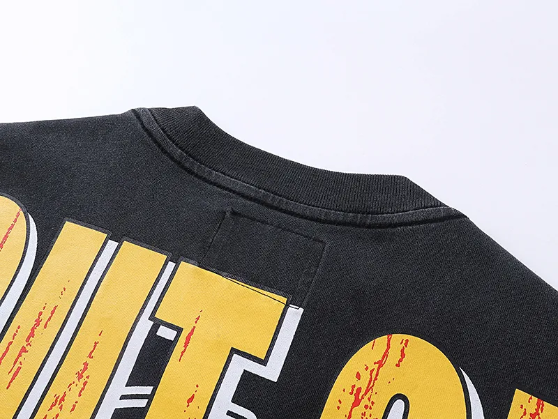 1000# P126 Washed Black Real Shot Godspeed American Fashion Rock Street Retro Washed Distressed Printed Pure Cotton Short Sleeves Fabric: 250g 32 Count Fine Cotton Double Yarn Pure Cotton Color: Washed Black Size: S M L XL