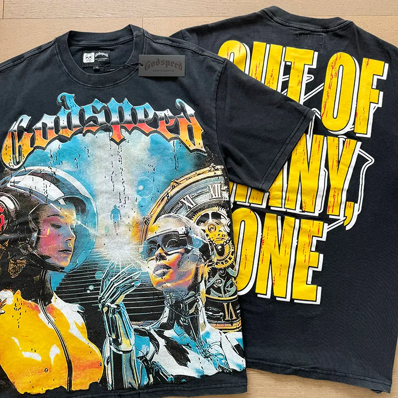 1000# P126 Washed Black Real Shot Godspeed American Fashion Rock Street Retro Washed Distressed Printed Pure Cotton Short Sleeves Fabric: 250g 32 Count Fine Cotton Double Yarn Pure Cotton Color: Washed Black Size: S M L XL
