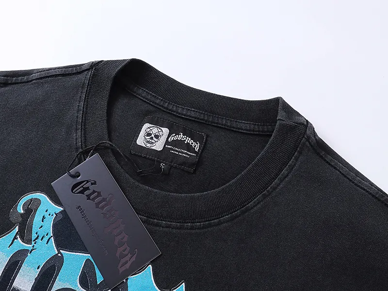 1000# P126 Washed Black Real Shot Godspeed American Fashion Rock Street Retro Washed Distressed Printed Pure Cotton Short Sleeves Fabric: 250g 32 Count Fine Cotton Double Yarn Pure Cotton Color: Washed Black Size: S M L XL