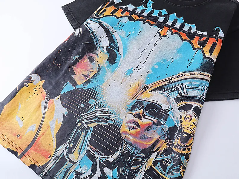 1000# P126 Washed Black Real Shot Godspeed American Fashion Rock Street Retro Washed Distressed Printed Pure Cotton Short Sleeves Fabric: 250g 32 Count Fine Cotton Double Yarn Pure Cotton Color: Washed Black Size: S M L XL